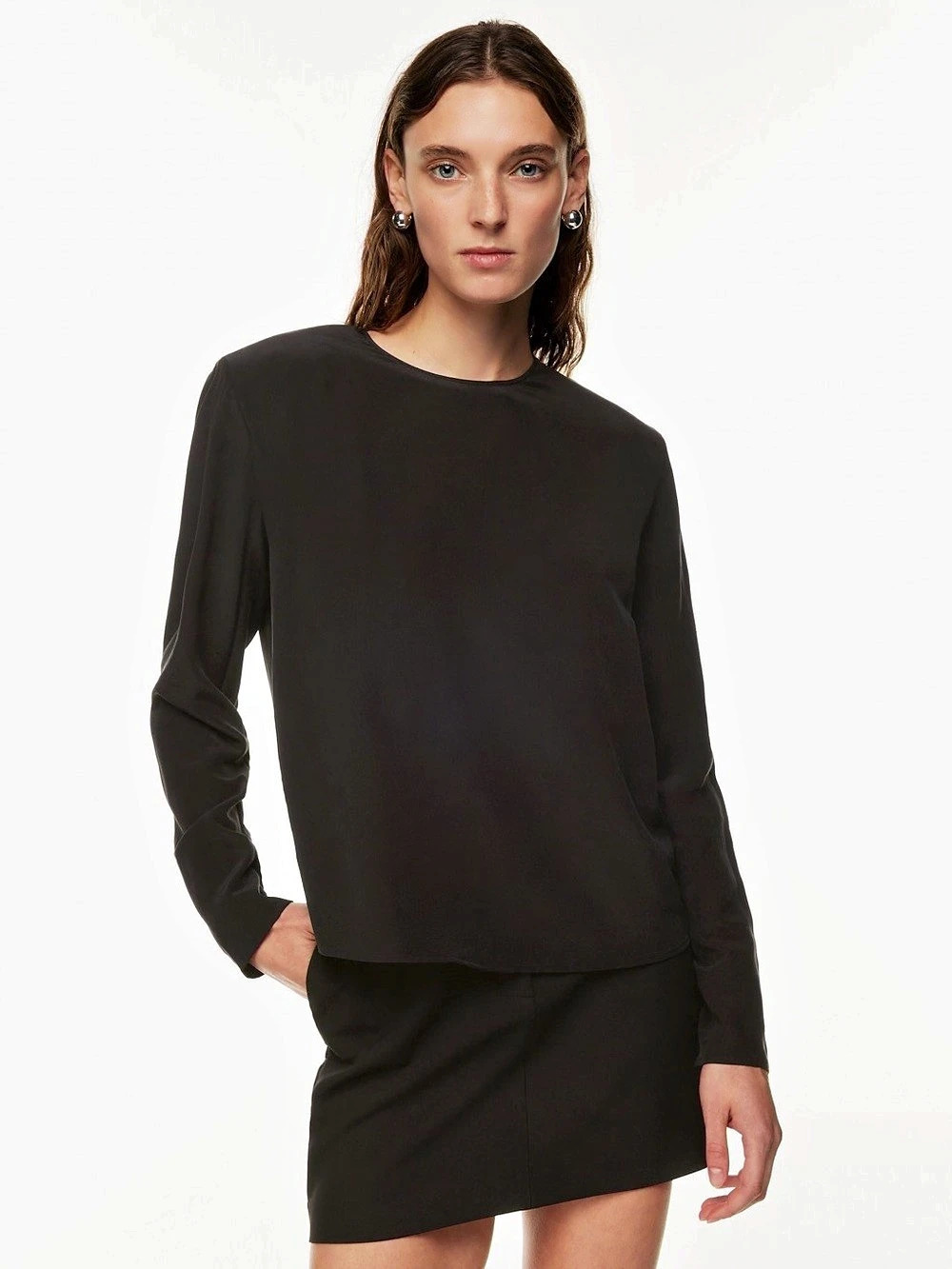 COS black long-sleeve crewneck top sweater with a relaxed, layered hem
